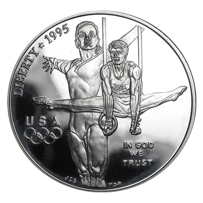 1995 Olympic Gymnastics Silver Proof USA $1 (Capsule) - Click Image to Close